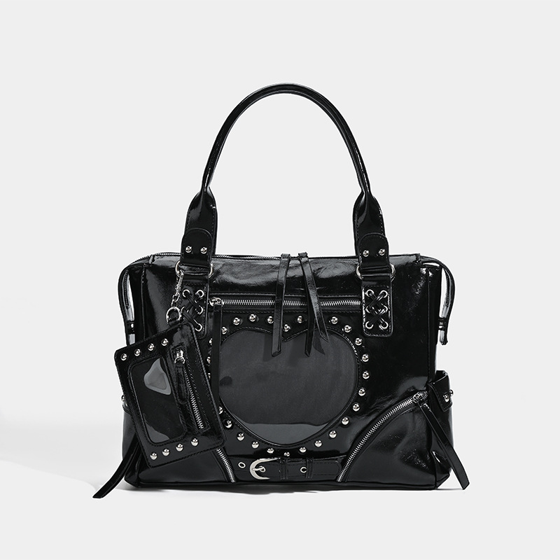 Bucket Bag Suede - Punk-Leopardenmuster-Nieten-Motorrad-Ita-Tasche, große Tragetasche, Retro-Marken-Handtasche mit transparenter