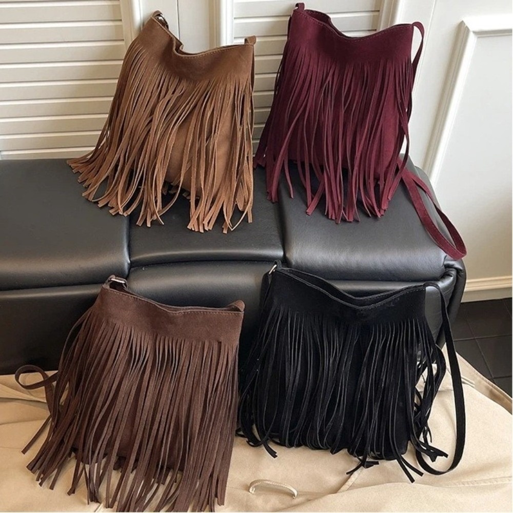 Bucket Bag Suede - Modische Wildleder-Umhängetasche mit Fransen, große Kapazität,