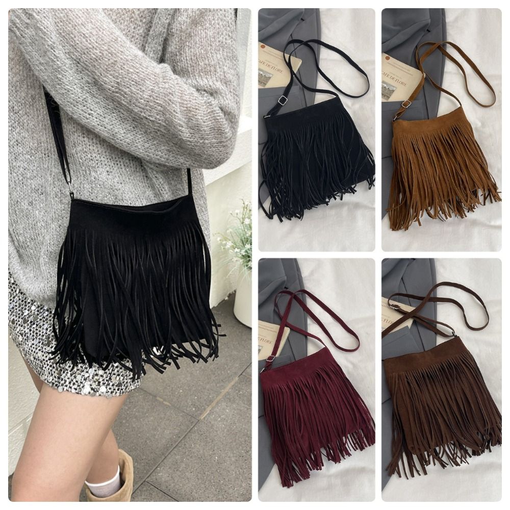 Bucket Bag Suede - Modische Wildleder-Fransen-Umhängetasche im Boho-Stil, große Kapazität,