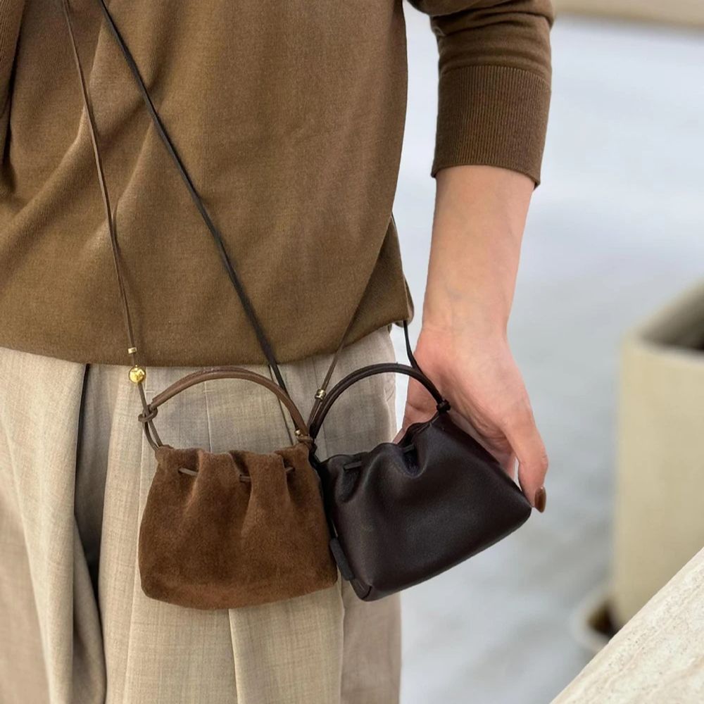 Bucket Bag Suede - Chinesische Retro-Mini-Umhängetasche mit Kordelzug, weiches PU/Wildleder-Material,