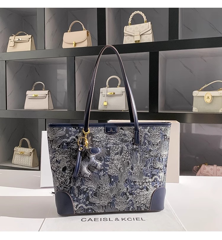 Bucket Bag Suede - Große Kapazität Blau Farbe Stickerei Tote