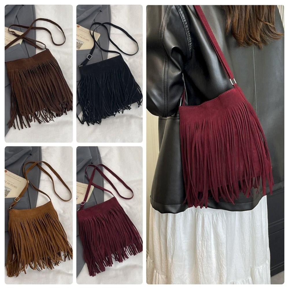 Bucket Bag Suede - Modische Wildleder-Fransen-Umhängetasche, große Kapazität, Boho-Stil, Schultertasche,