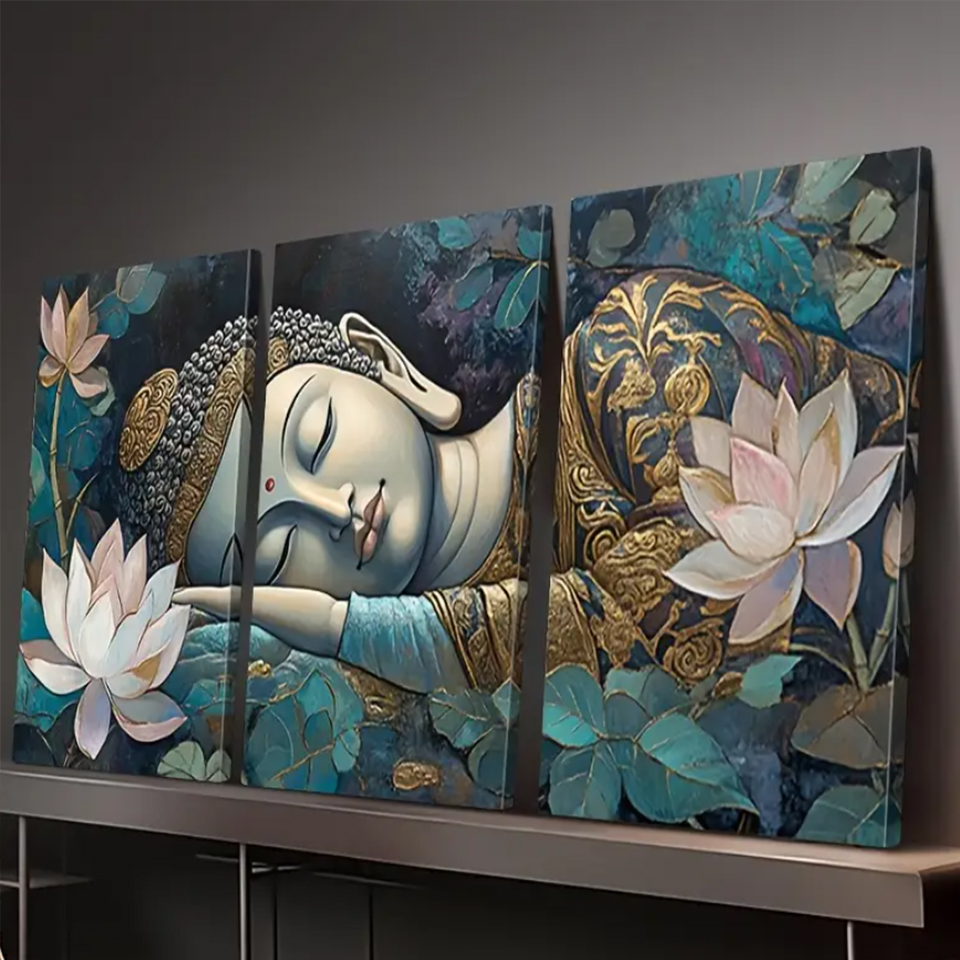 Luxury Bags Europe - Lotus Schlafender Buddha Diamantgemälde Triptychon Vollquadrat