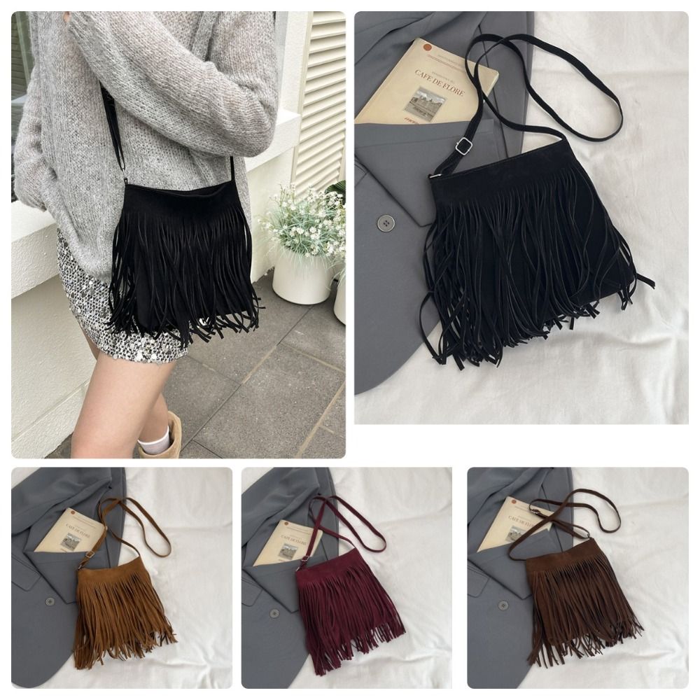 Bucket Bag Suede - Vintage Wildleder-Umhängetasche mit Fransen, große Kapazität,
