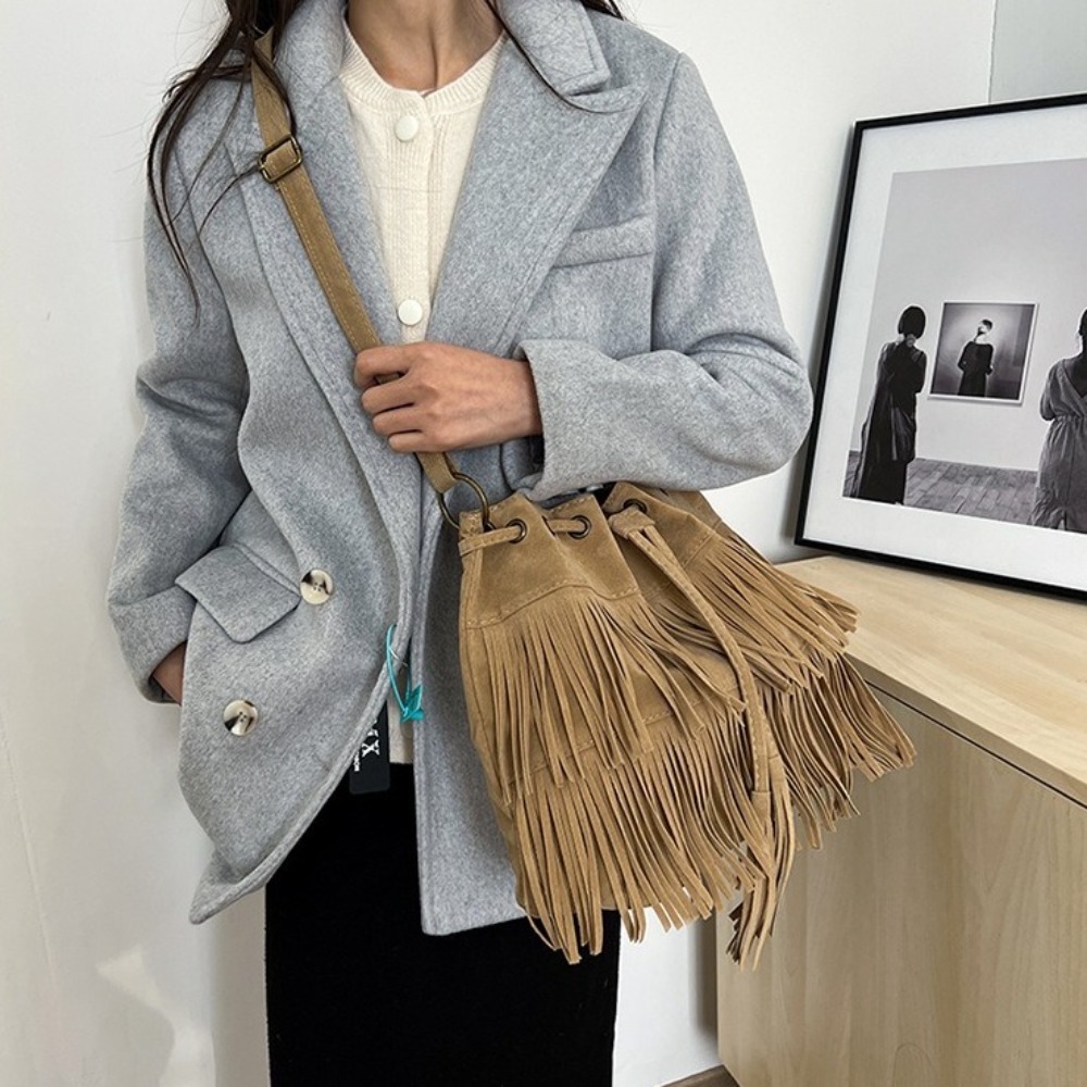 Koreanische Quasten-Umhängetas – Bucket Bag Suede Bewertung und Preis