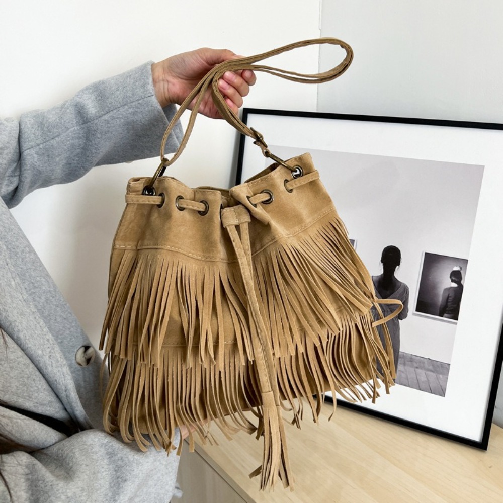 Koreanische Quasten-Umhängetas – Bucket Bag Suede Bewertung und Preis